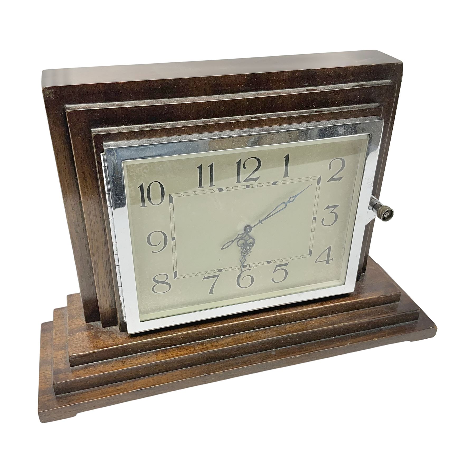 Art deco spring wound mantle clock, in stepped wooden case, H23cm