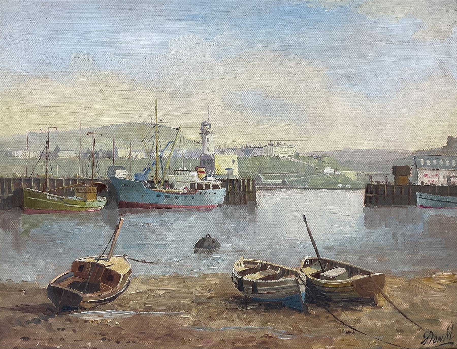 Don Micklethwaite (British 1936-): Scarborough Harbour, oil on board signed 34cm x 44cm