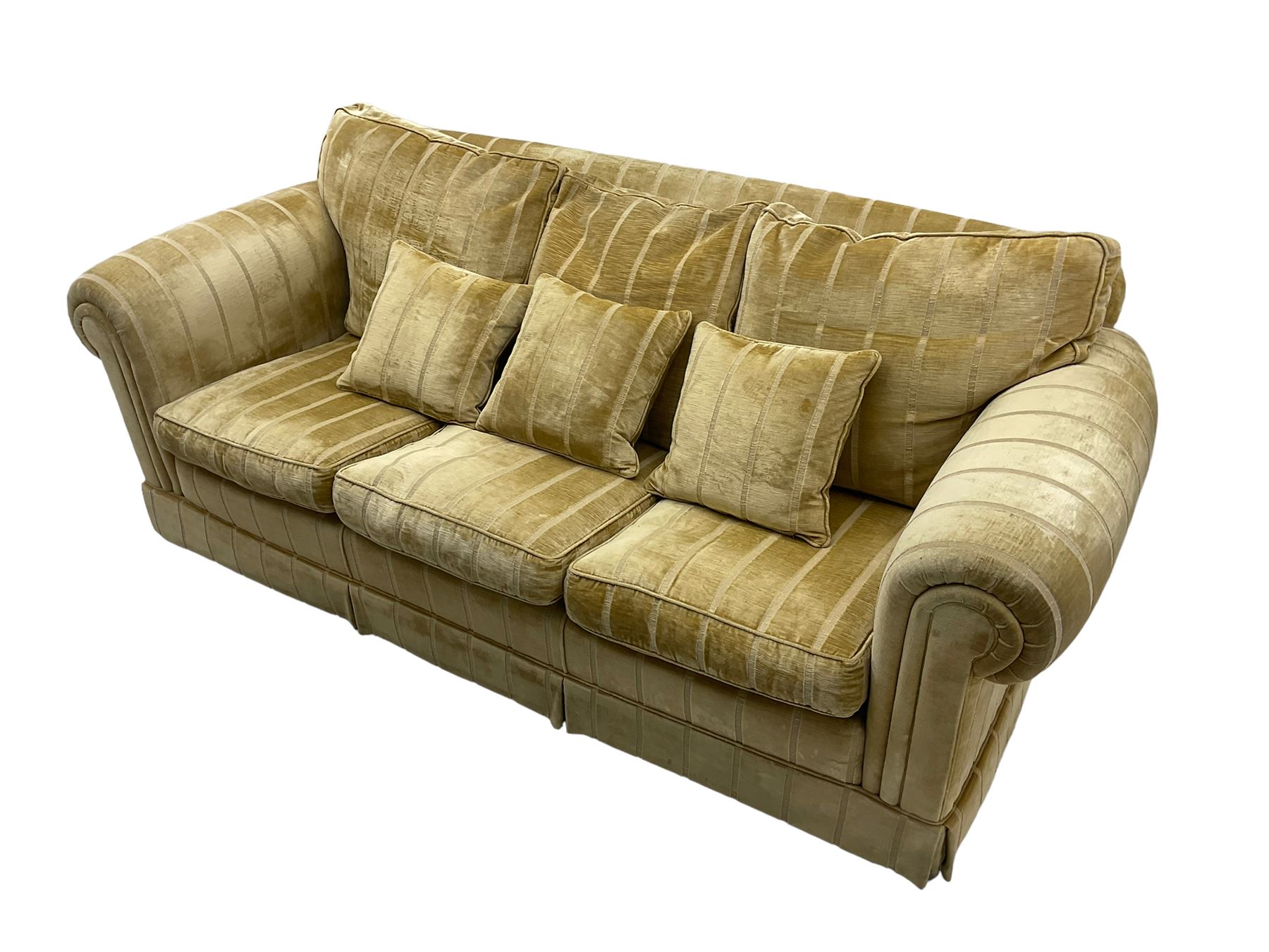 Duresta England - three-seat sofa, upholstered in pale gold fabric, traditional shape with rolled arms