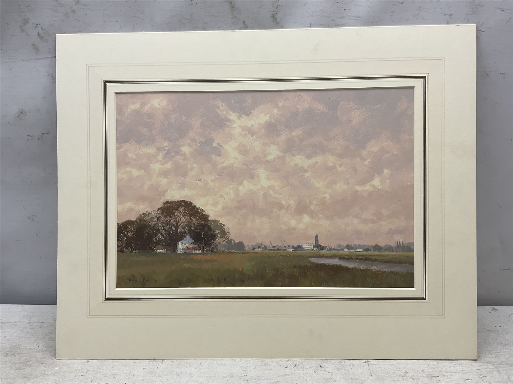 Roy Perry (British 1935-1993): 'Towards Boston Stump, Lincs', oil on card signed, titled verso 25cm x 38cm (unframed)