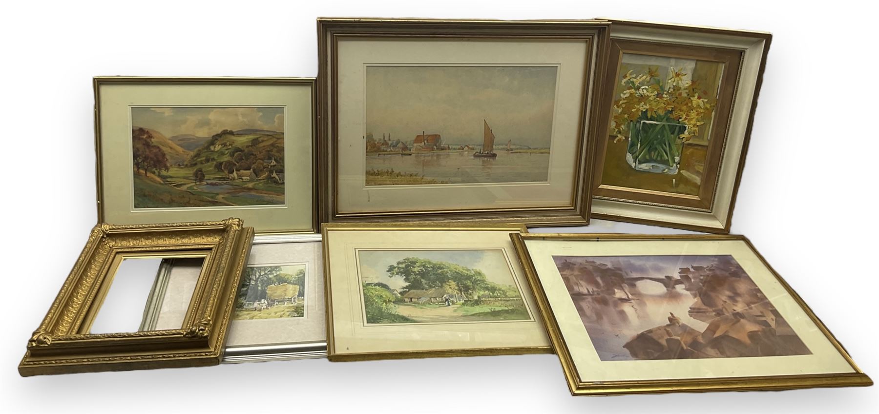 Alan Thorpe Haymaking watercolour, together with a selection of other watercolours to include George Stanfield Walters, original oil, gilt frame, large selection of engravings in one box (approx. 20)