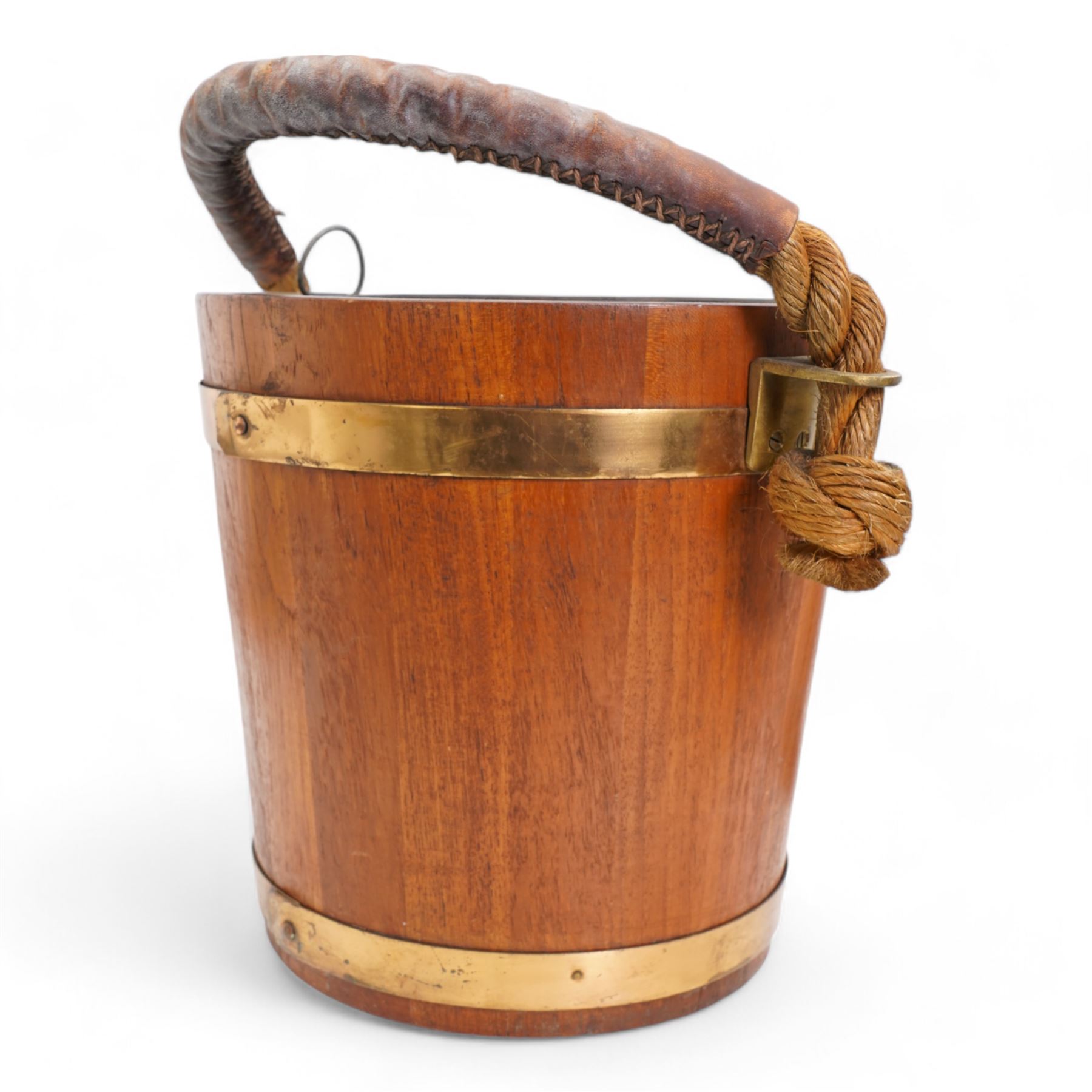 Oak and brass banded fire bucket decorated with the Royal Coat of Arms with liner and rope twist handle H30cm, together with a Dunhill 'The White Spot' faceted mahogany tobacco jar and cover (2)