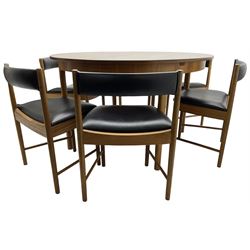 AH McIntosh & Co of Kirkaldy - mid-20th century teak extending dining table, circular top, concealed integrated double leaf, raised on tapered supports, label plaque to underside of leaf, together with a set of six chairs upholstered in black leatherette