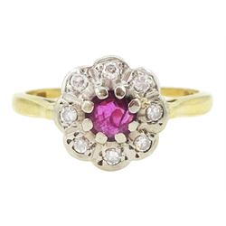 18ct gold round cut ruby and round single cut diamond cluster ring, London 1963