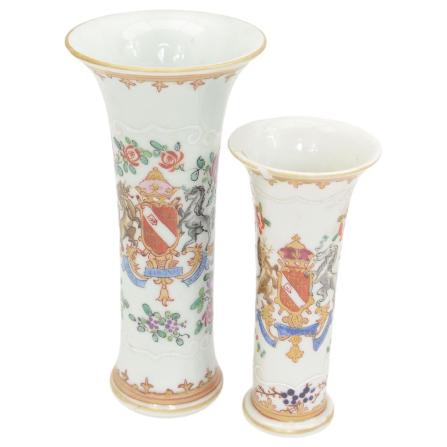 Pair of Ernst Bohne Söhne flower encrusted vases, of square section form, H19cm together with four Samson porcelain armorial vases (6)