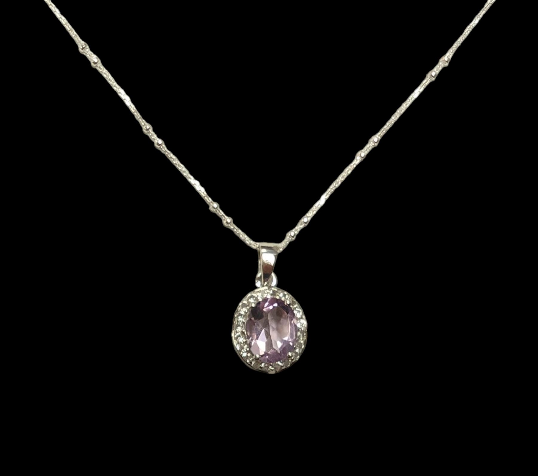 Silver pink stone set oval pendant necklace