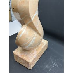 Abstract pink marble sculpture, upon a rectangular base, H63cm