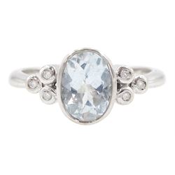 9ct white gold oval aquamarine and round brilliant cut diamond ring, hallmarked