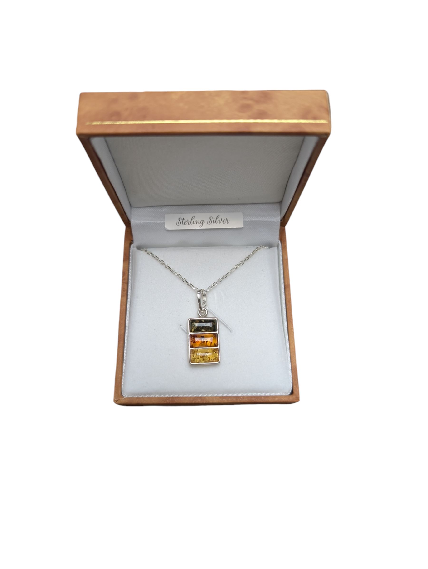 Silver tri-coloured Baltic amber pendant necklace, boxed 