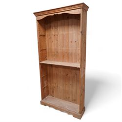 20th century rustic pine tall open bookcase, projecting cornice over shaped frieze