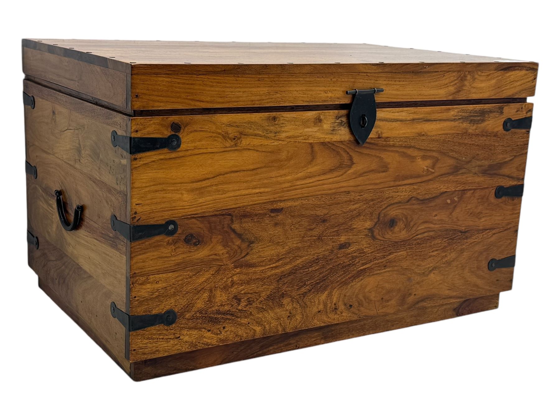 Hardwood and metal bound chest, enclosed by hinged lid, fitted with metal carrying handles