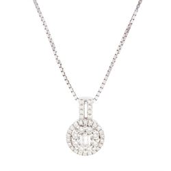 14ct white gold baguette cut and round brilliant cut diamond halo cluster pendant, with di...