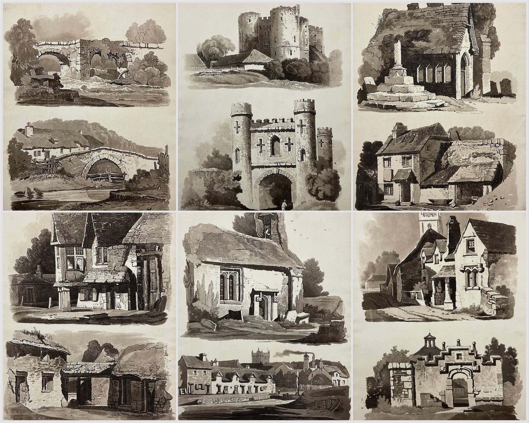 Samuel Prout (British 1783-1852): 'Rudiments of Landscape in Progressive Studies. Drawn, and Etched in Imitation of Chalk', collection of soft ground etchings pub. Rudolph Ackermann c.1813, each 36.5cm x 26cm, each mounted and bound in two bespoke folios