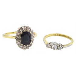 Early 20th century 18ct gold three stone old cut diamond ring and a later 18ct gold sapphire and single cut diamond cluster ring, both stamped