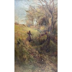 Owen Bowen (Staithes Group 1873-1967): Young Girl Gathering Twigs at the Woodland Edge, oi...