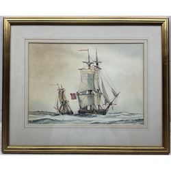 J Terry Culpan (British 20th century): 'Searching for Pirates' and 'Frigate Heaving to Meet Supply Ship', pair watercolours signed, titled verso 26cm x 37cm (2)