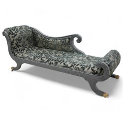 Regency design hardwood-framed chaise longue, scrolled back upholstered in leafy branch pa...