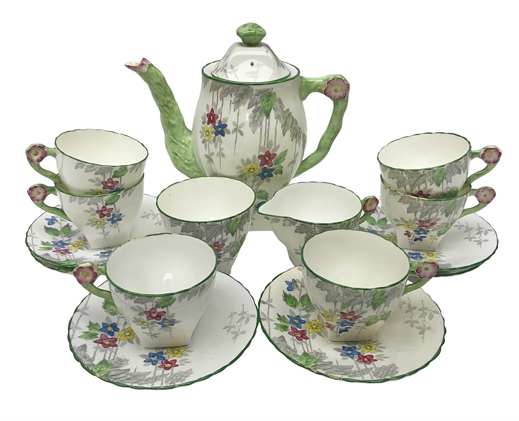 Art Deco Delphine China coffee service for six, comprising coffee pot, open sucrier, milk jug, cups and saucer, with floral decoration