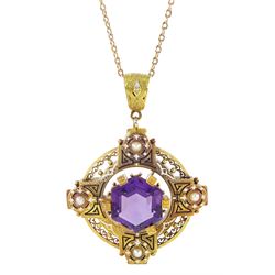 Victorian gold Etruscan Revival amethyst, enamel and pearl cross design pendant, the central hexagonal amethyst, with pearl, black and white enamel surround, within an a open pierced work frame, on gold cable link chain necklace, stamped 9ct