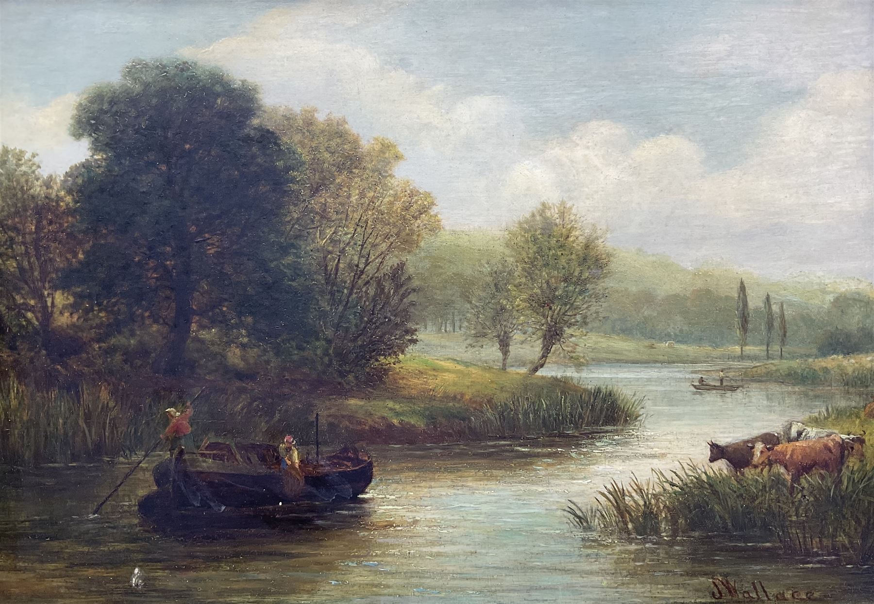 J Wallace (British 19th Century): Boats on the Wetlands, oil on panel signed 25cm x 36cm 