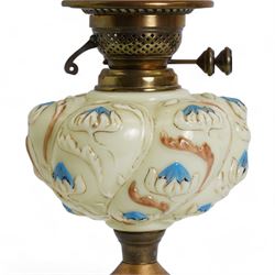 Art Nouveau oil lamp, with floral stylized moulded reservoir and similar style pierced metal base, H61cm