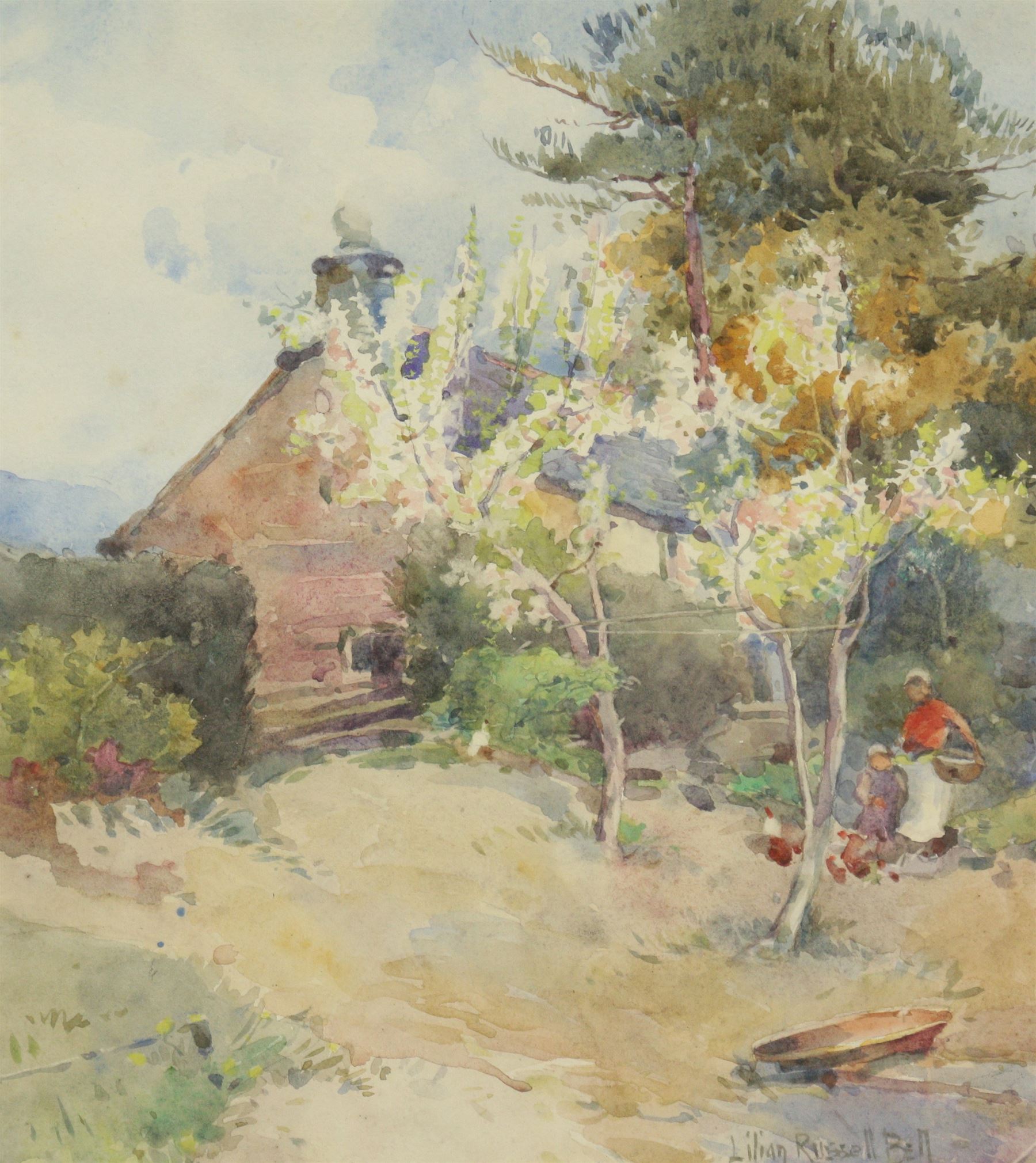 Lilian Russell Bell (British 1864-1947): Feeding Chickens Outside a Suffolk Cottage, watercolour signed 26cm x 24cm