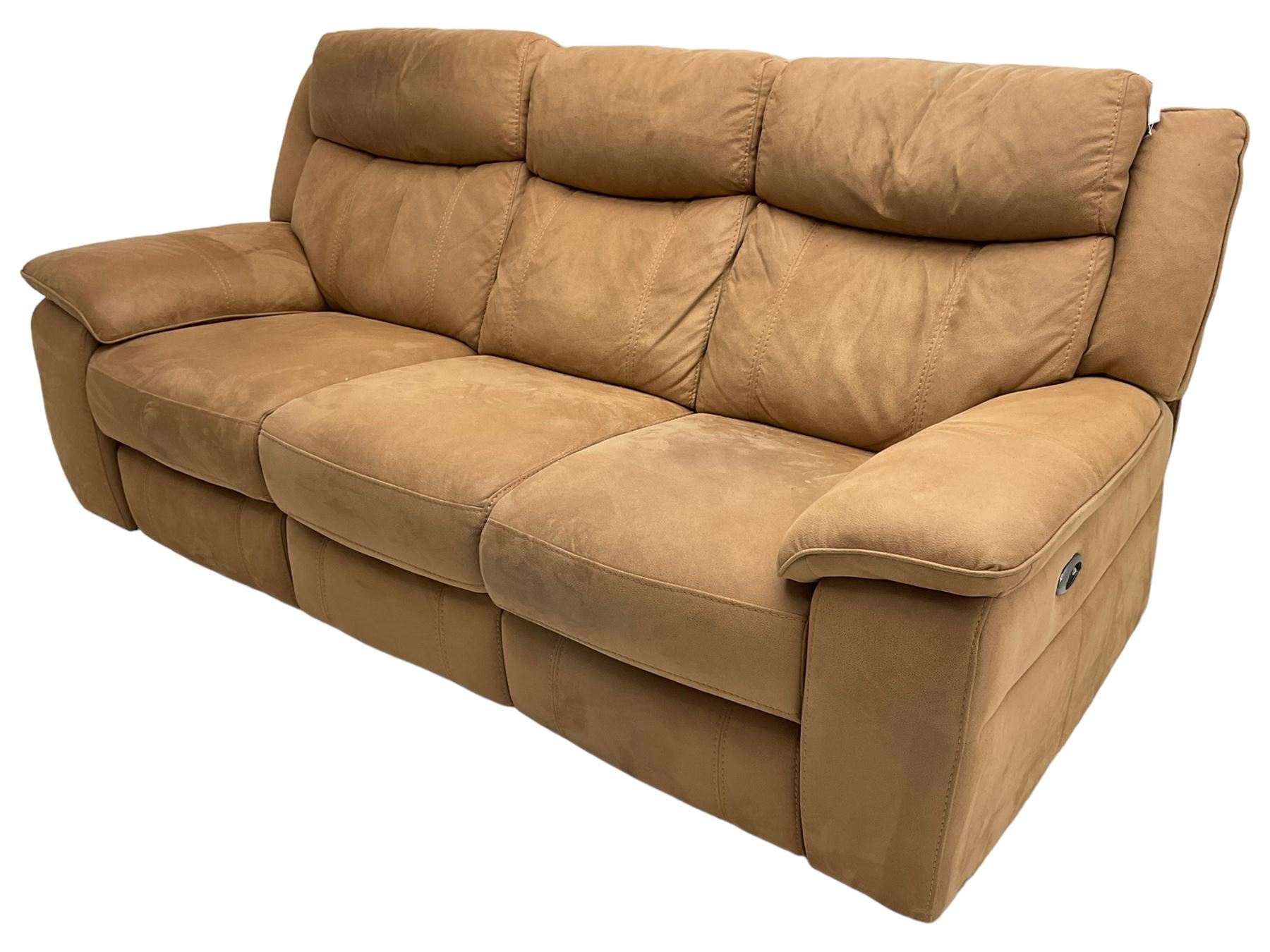 Electric reclining three-seat sofa (W213cm, H100cm) and matching armchair (W109cm) upholstered in brown fabric