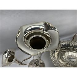 Silver plated three branch epergne, together with a silver plated cut glass claret jug, and silver plated embossed swing handled basket, epergne H30.5cm