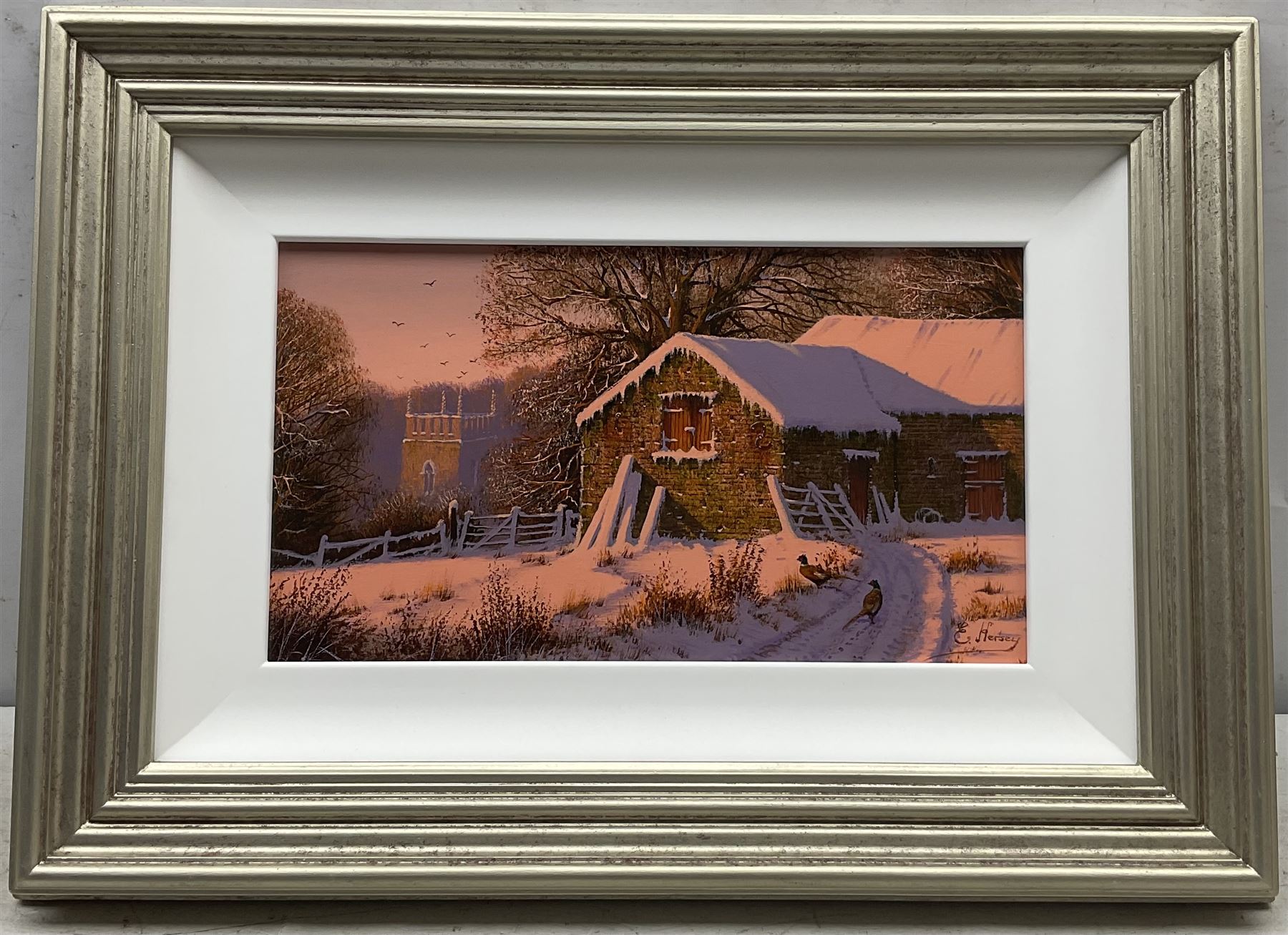 Edward Hersey (British 1948-): 'The Chimes of Winter', oil on panel signed 19cm x 34cm 