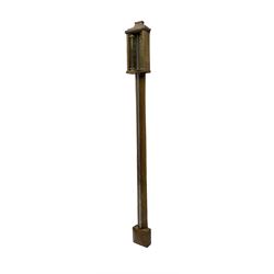 Replica 18th century mercury stick barometer, with a plain concave shaped top and square cistern cover, fully exposed cistern tube and engraved brass register with predictions, spirit thermometer recording the temperature in degrees Fahrenheit.