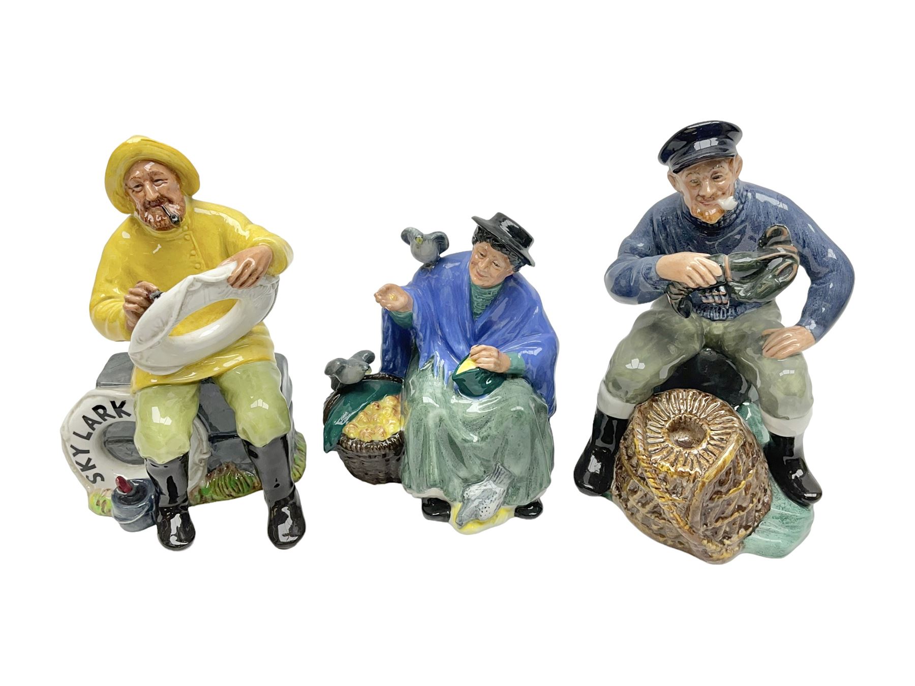 Three Royal Doulton figures, comprising Tuppence a Bag HN2320, The Boatman HN2417 and The Lobster Man HN2317