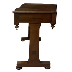 Victorian mahogany washstand, three-quarter raised gallery back, rectangular top with over two drawers, on shaped end supports united by ring-turned stretcher