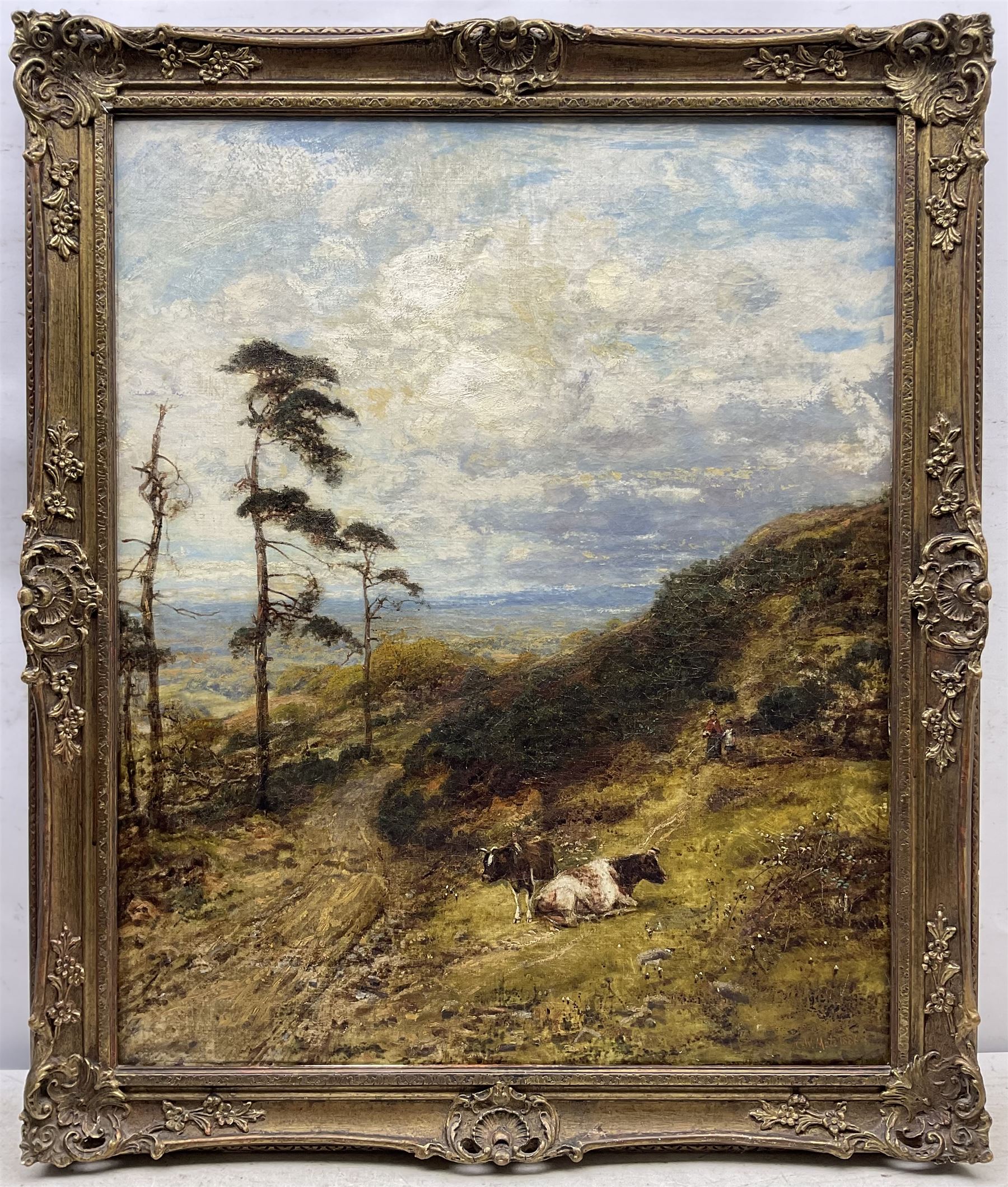 George William Mote (British 1832-1909): 'Coneyhurst Hill Surrey' with cattle resting in the foreground, oil on canvas signed and dated 1886 75.5cm x 62cm