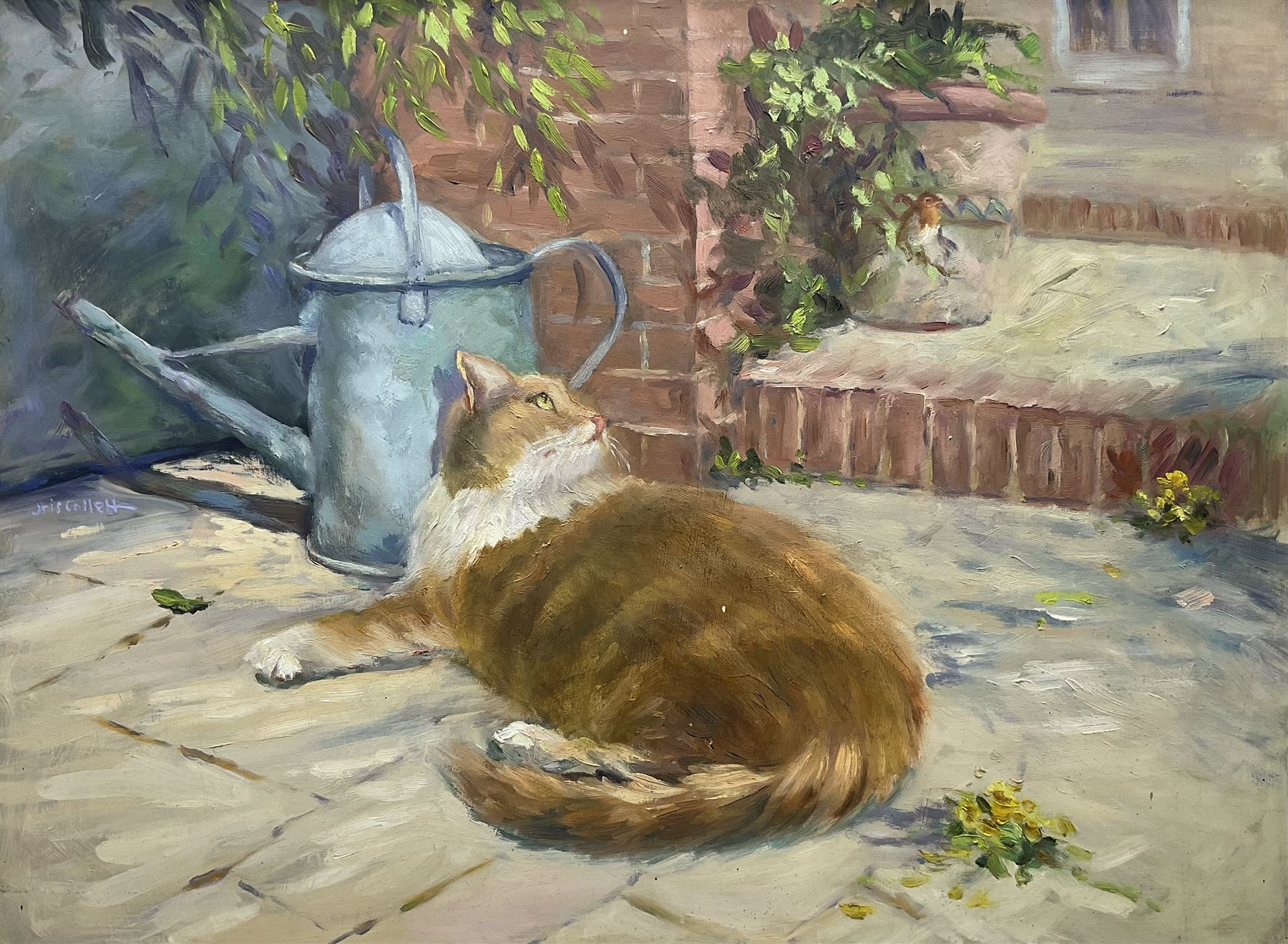 Iris Collett (British 1938-): Tabby Cat and Robin, oil on board signed 44cm x 59cm