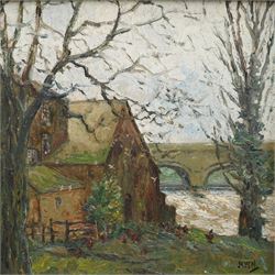 Arthur W Newsholme (British 1920-): Riverside Farmstead with Chickens Feeding, oil on board signed with initials 22cm x 22cm