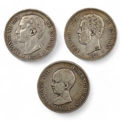 Three Spanish five pesetas silver coins, dated 1871, 1876 and 1888