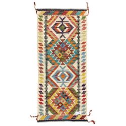 Chobi Kilim rug, pale ground and decorated with multi-coloured geometric pattern 