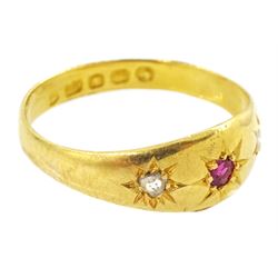 Victorian 22ct gold three stone gypsy set ruby and diamond ring, London 1865