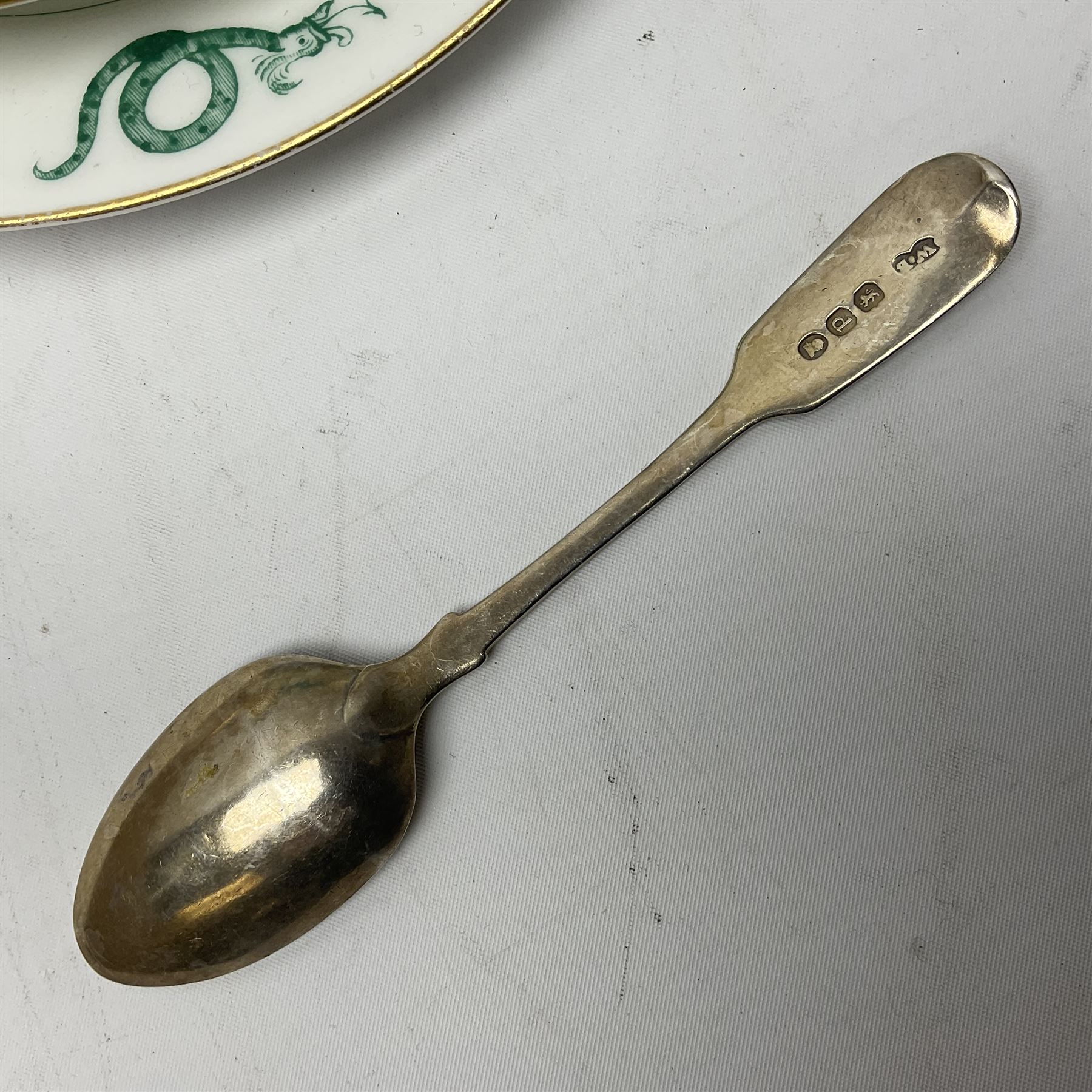 Georgian silver teaspoon, hallmarked Willaim Bateman, together with two Doulton Burslem Spanish Ware plates, decorated with floral sprigs and with pierced gilt borders, together with a pain of continental miniature urns and a Royal Worcester tea cup and saucer trio, plates D22cm