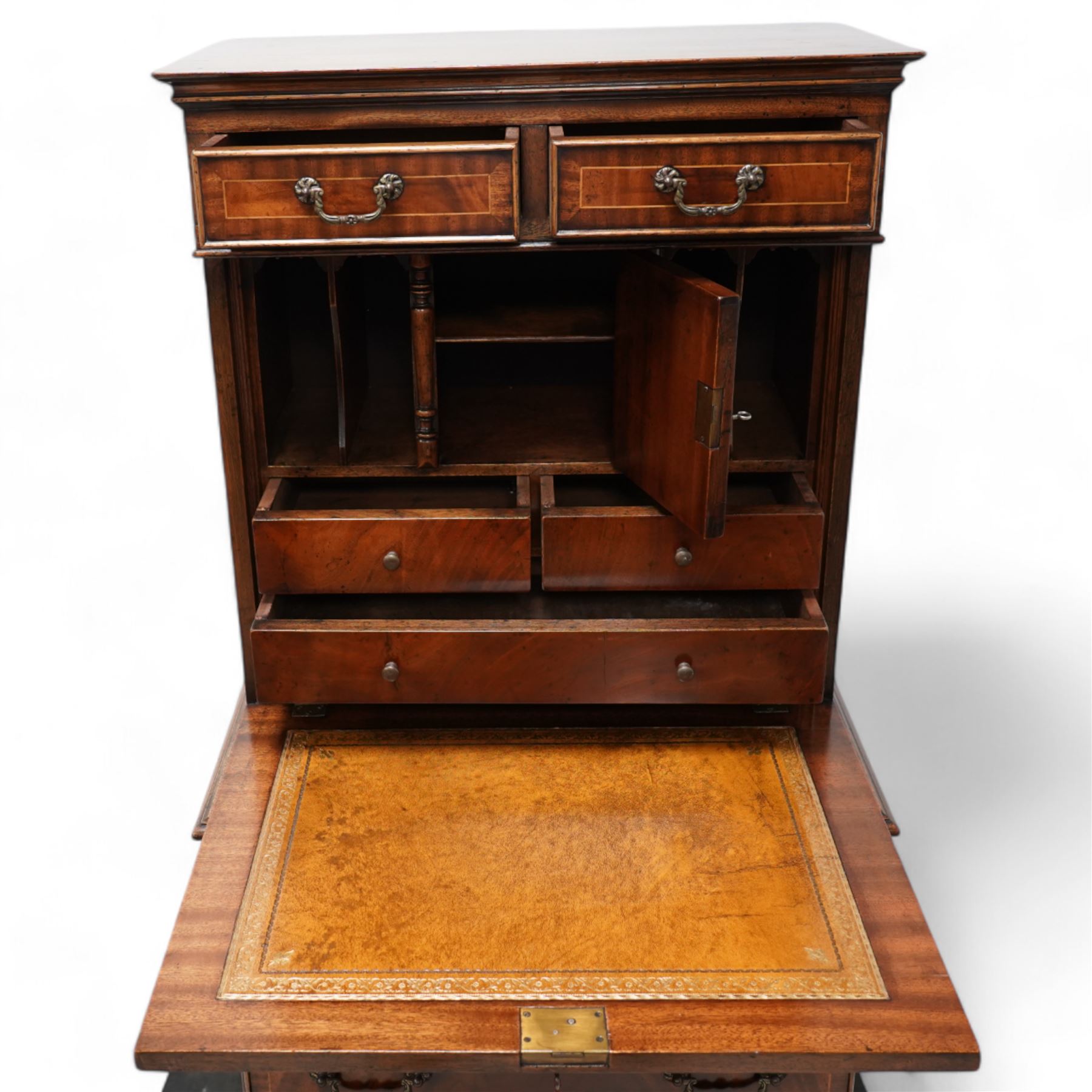 Georgian design inlaid mahogany secretaire writing chest, two cock-beaded drawers over fall-front enclosing fitted interior, over four long drawers, lower moulded edge on bracket feet