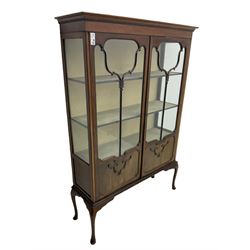 Early 20th century mahogany straight-front display cabinet, projecting moulded cornice over two astragal glazed doors with lower panels, on cabriole supports 