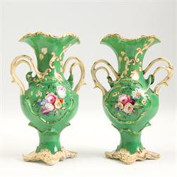 Coalbrookdale style porcelain scent bottle, the baluster form body encrusted with flowers, pair of 19th century twin handled vases, each hand painted with flower sprays, a similar vase H21cm and saucer (5)