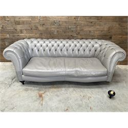 Three seat Chesterfield sofa, upholstered in grey buttoned leather - damaged leg