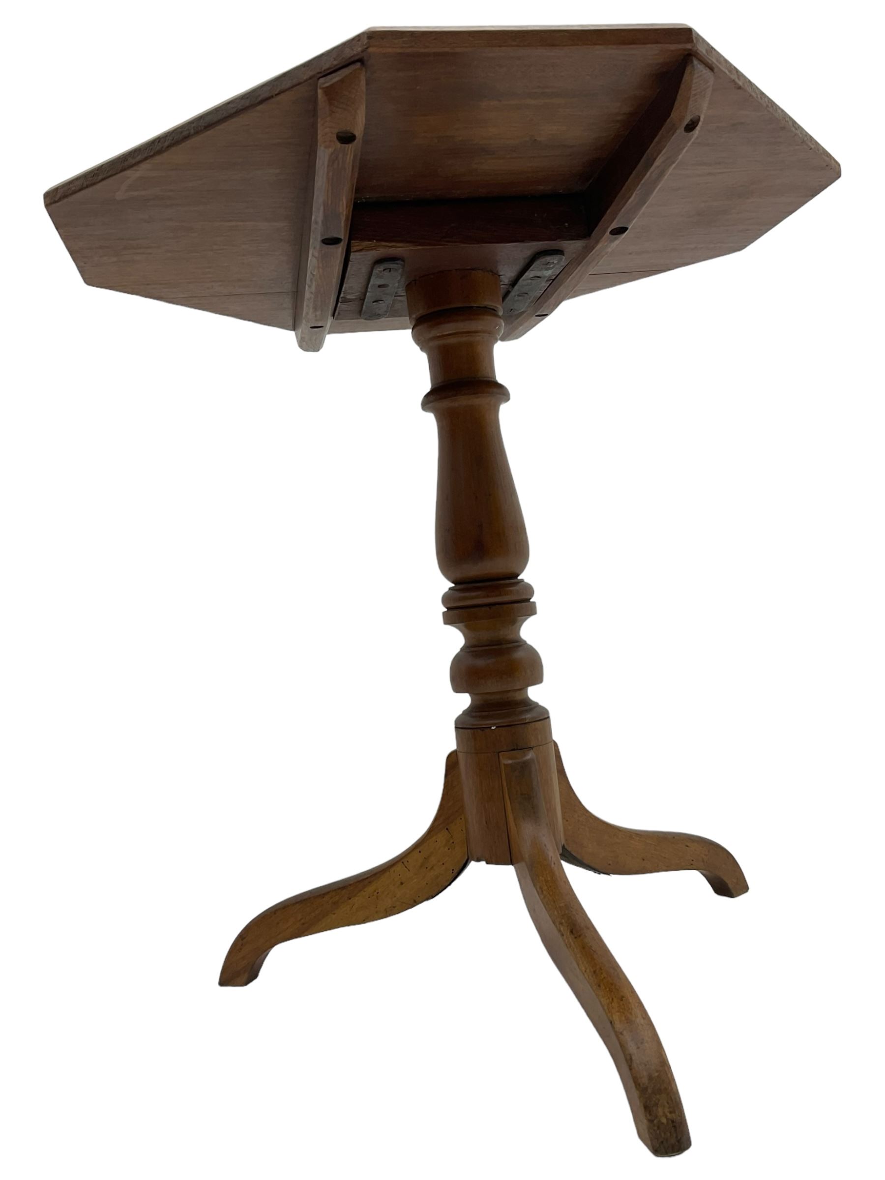 19th century walnut tripod table, square canted tilt-top with chamfered edge, turned pedestal with three splayed supports