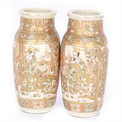 Pair of Japanese satsuma vases with panels decorated with figures, H18cm