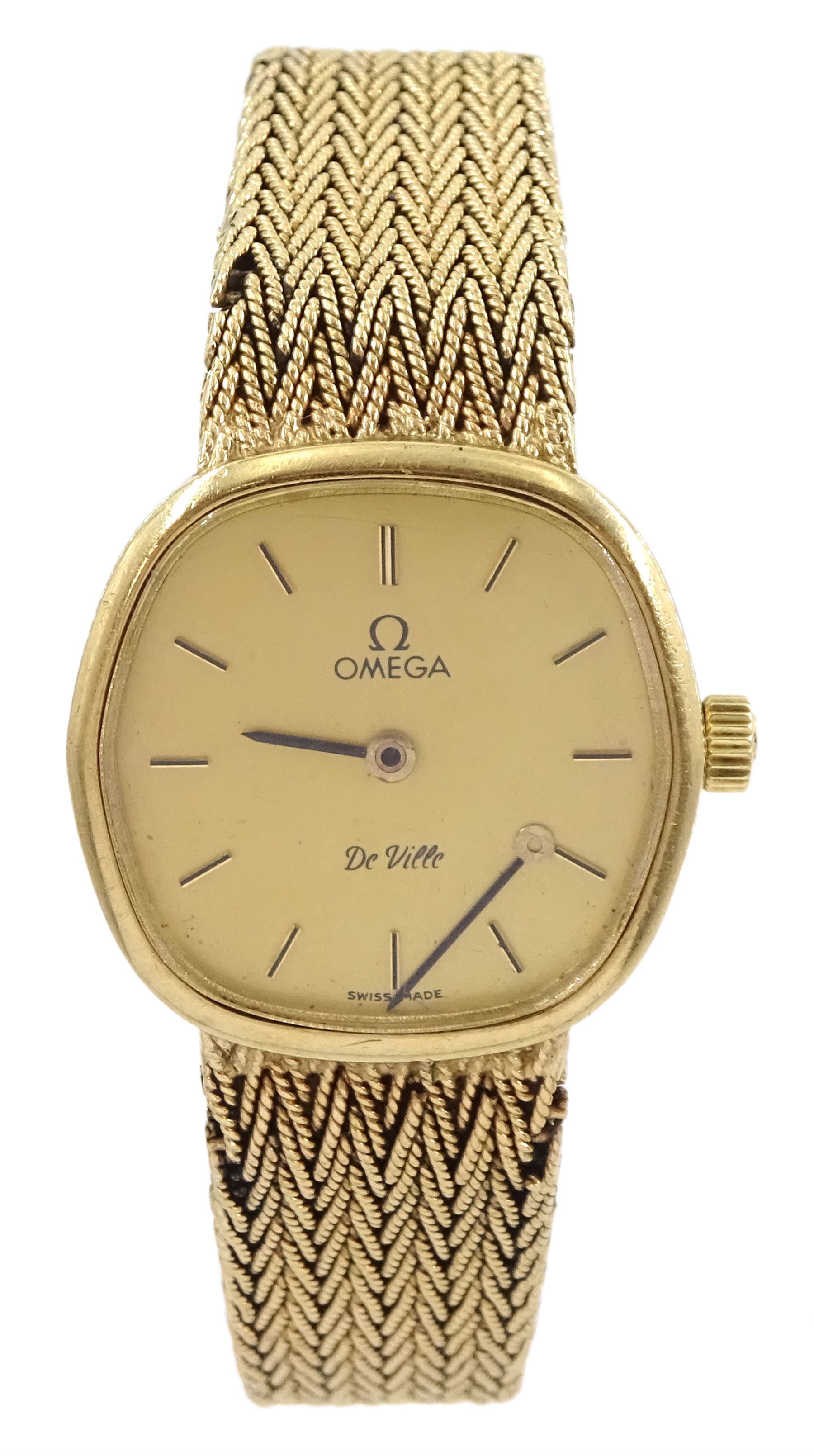 Omega De Ville ladies 9ct gold manual wind wristwatch, Cal. 625, on integral 9ct gold woven link bracelet