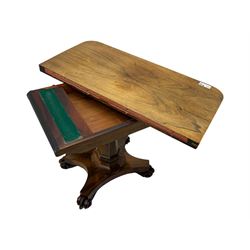 Early Victorian rosewood card table, rectangular foldover swivel top with rounded corners, red baize-lined surface, frieze adorned with carved foliate motifs, supported by a central octagonal waisted column on shaped quatrefoil base, terminating in scrolled feet with concealed metal castors