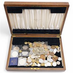 Oak box and contents of coins including German 5 Mark 1935, four QEII 1953 crowns etc