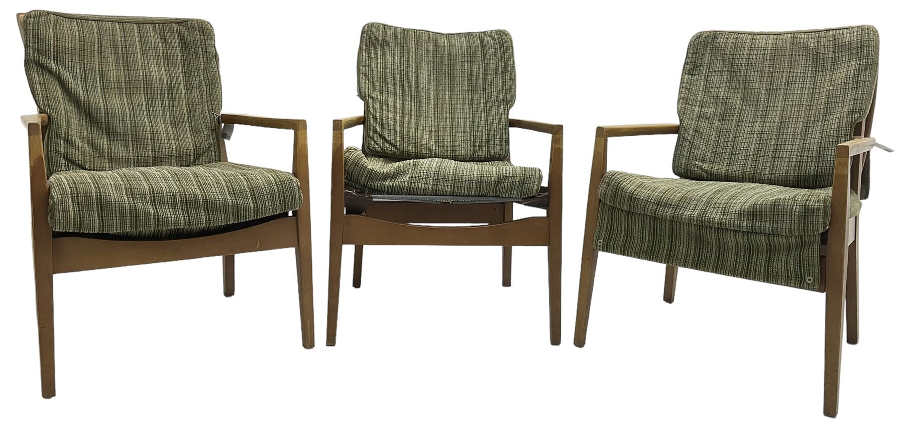 Cintique - set of three beech framed open easy chairs 