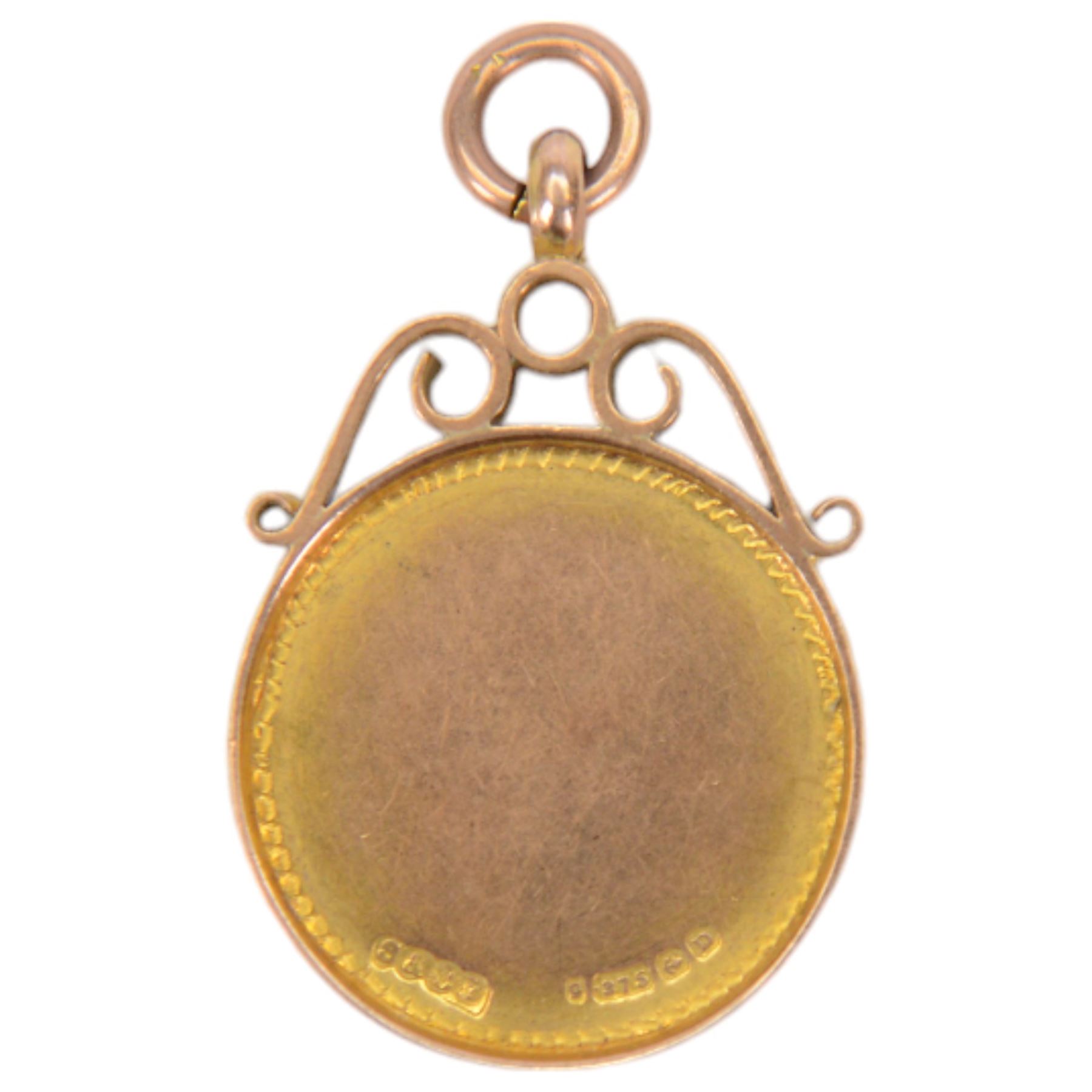 1920s 9ct gold fishing medallion, within scrolling pendant mount, hallmarked S & Co, Birmingham 1928, including mount H3cm